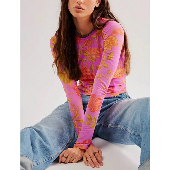 Pink Floral Sheer Mesh Fitted Long Sleeve Tee Shirt - Picture 3 of 4